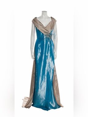 Terani Couture Teal Evening Gown with Taupe Train.